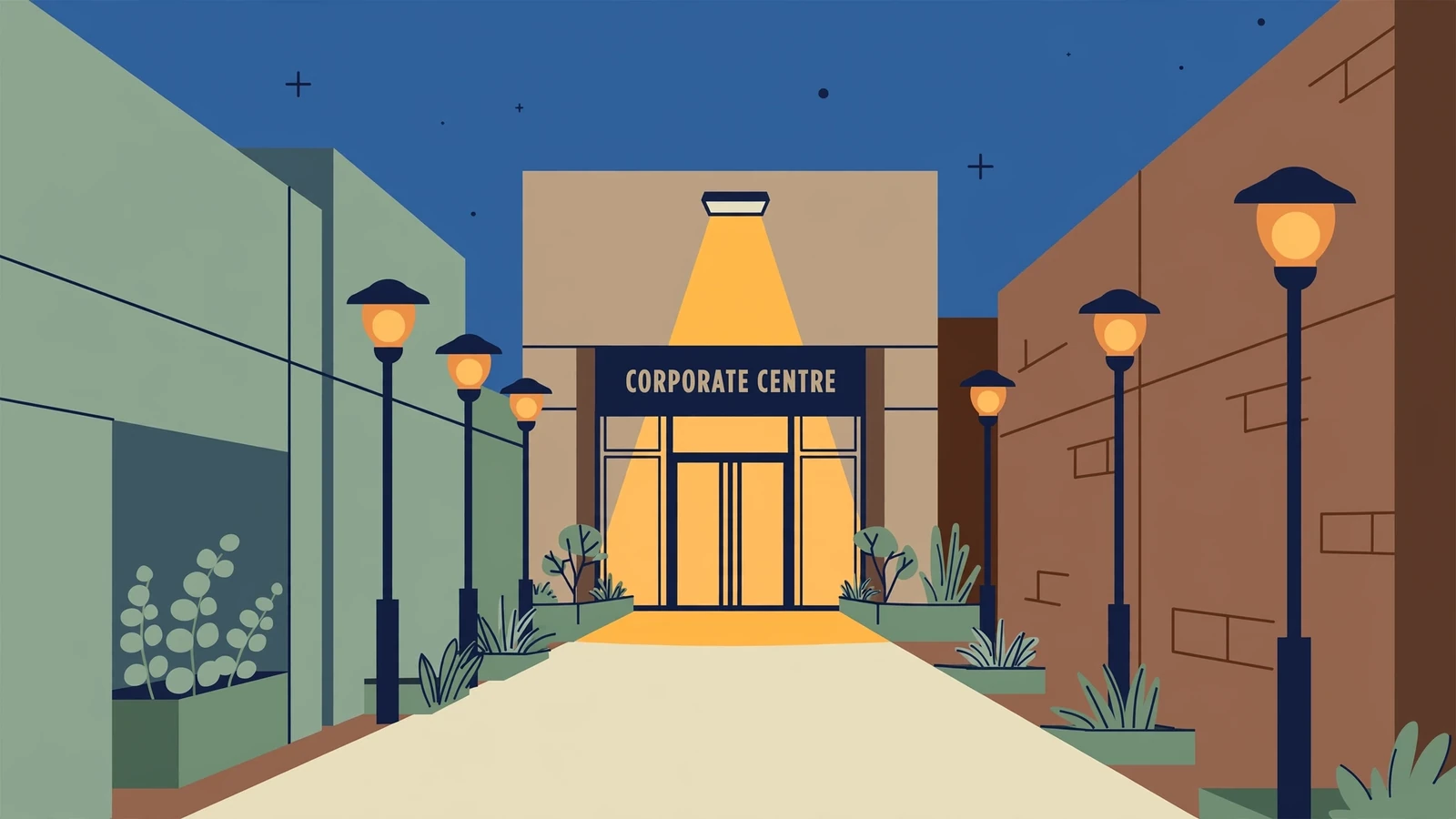 Empty corporate office entrance at dusk in Melbourne.